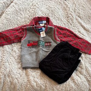 Plaid Red Shirt with Gray Train Vest-Christmas/winter
